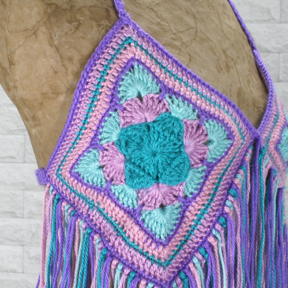 HAND CRAFTED Crop Top Crochet Halter Bikini Fringe Granny Squares Colorful - Picture 3 of 14